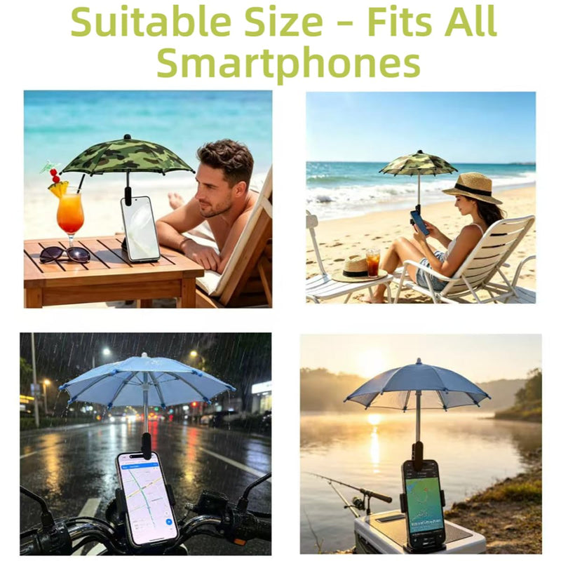 3 Pack Phone Umbrella for Sun, Cell Phone Shade with Adjustable Clip, Portable Sun Shade for Smartphones, Rainproof Outdoor Accessory for Beach, Travel, Hiking (Blue + Black + Camo)