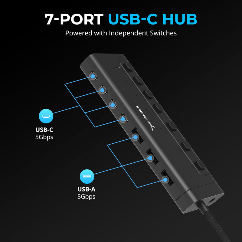SABRENT USB C Hub 7-Port 48W Powered Hub with Switches (HB-3A4C) 7-PORT - USB Type C
