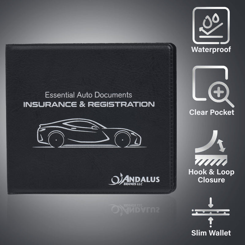 Andalus Auto Registration & Insurance Card Holder Pack of 2, Waterproof Essential Car Registration Holder with Hook & Velcro Closure, Perfect for Every Vehicles Glove Boxes (Black - 5 1/8" x 4 5/8") Black 2-Pack