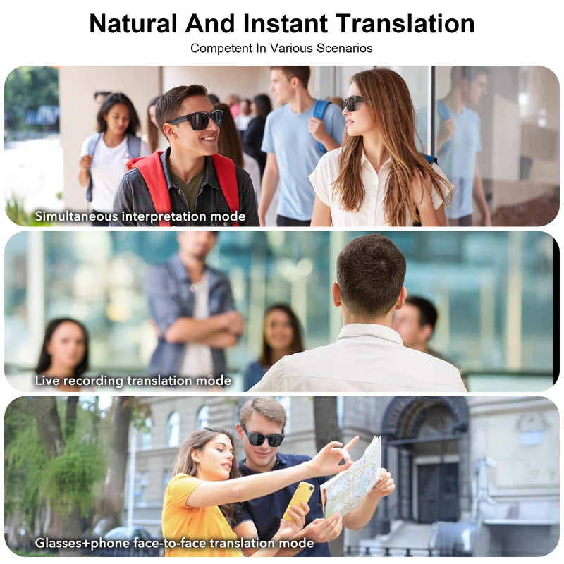 AI smart glasses, AI dialogue voice wake-up, 115 language translation, simultaneous interpretation, on-site recording translation, use mobile app audio and video translation, conference translation