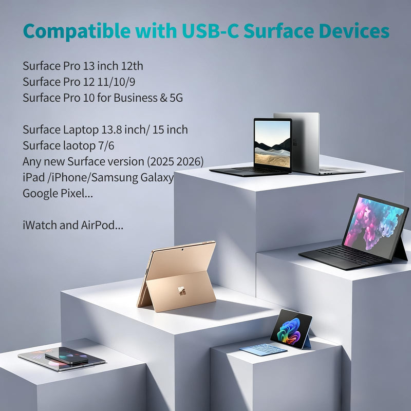 45W Surface Pro Charger USB C Compatible with Microsoft Surface Pro (2026) 13-inch/Surface Pro 12 2-in-1 Laptop/Tablet (2025) Surface 45W USB-C Universal Black AC Indoor Adapter