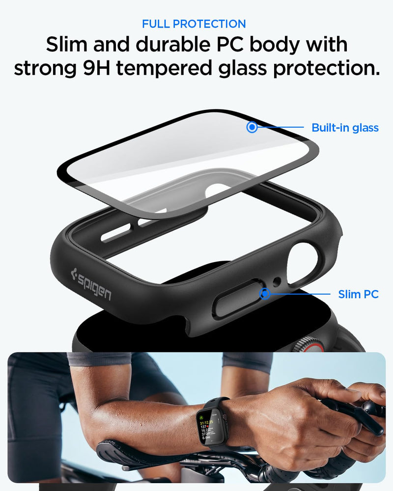 Spigen Thin Fit 360 for Apple Watch 40mm Waterproof Case | Built-in Touch Sensitive Tempered Glass Screen Protector for Apple Watch Series SE3/SE2/6/SE/5/4 Cover - Black Black with Waterproof Screen