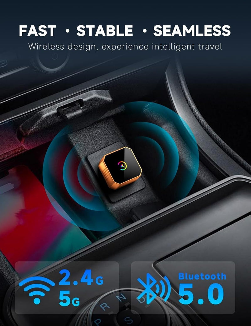 Aimoon 2026 Upgraded Wireless CarPlay Adapter for iPhone＆Android, Car Play Mini Wired to Wireless Adapter for CarPlay ＆Android Auto Plug and Play Stable Connection & No Latency for iPhone iOS 10+ Orange