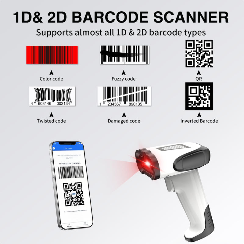 2D Handheld Wireless Barcode Scanner with Stand 3-in-1 Handheld Scanners - Cordless, Rechargeable 1D and 2D Bar Code Scanner for Inventory - Wireless, Handheld, USB Bar Code/QR Code Scanner