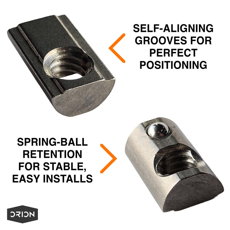 10 Series 1/4"-20 Stainless Steel Self Aligning Roll-in T-Nuts with Ball Spring (25-Pack) – 8020-Compatible T Slot Hardware for Aluminum Extrusion