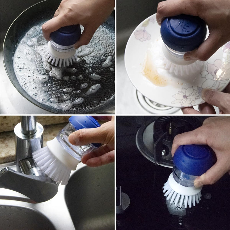 CELOX 2 Pack Dish Brush with Soap Dispenser for Kitchen Cleaning, Kitchen Brush for Dish Pot Pan Sink Cleaning White and Blue Brush
