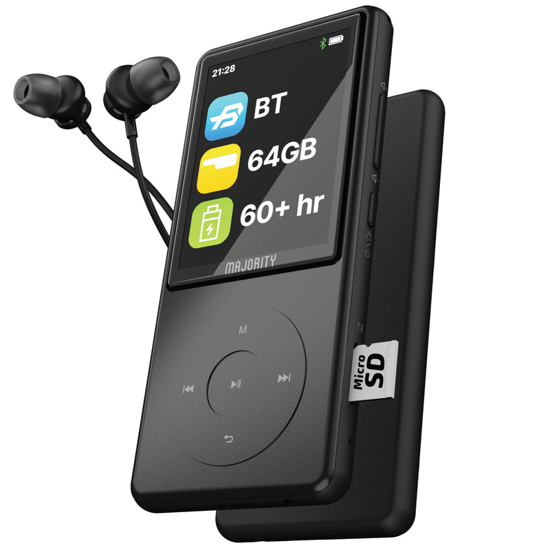 Bluetooth MP3 Player with Earphones | 64GB Slim, Expandable up-to 128GB, Inbuilt Speaker, 2.4” Full Color Display with Intuitive Touch Controls, 67h Battery Life | Majority MP3 Pro