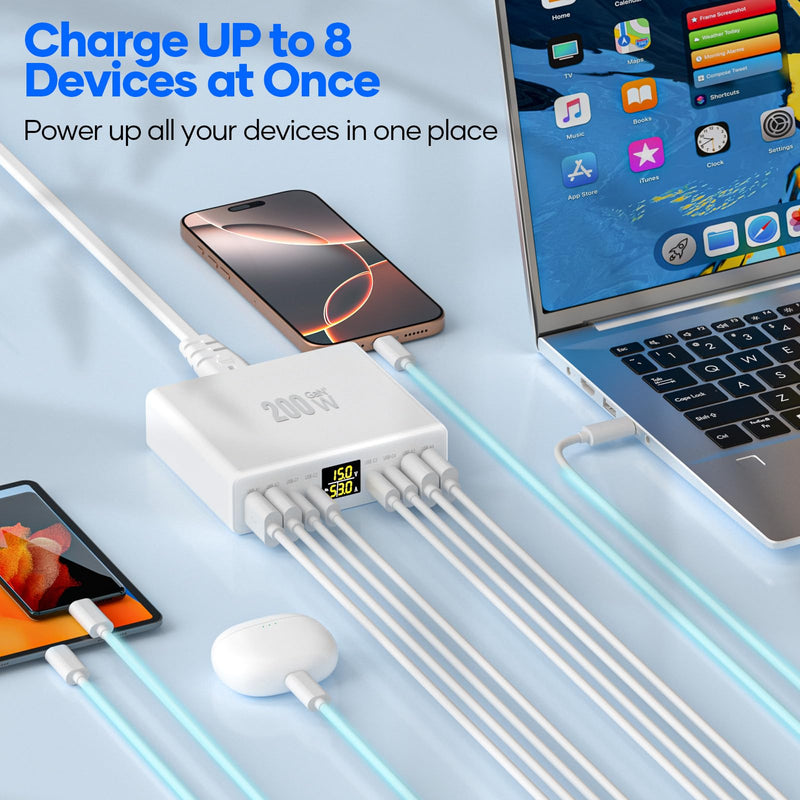 200W USB C Charger 8-Port with LED Display USB Charging Station | GaN Multiport Fast Charger Block PD QC 3.0 PPS USBC Charging Hub Compatible with iPhone Samsung Mac Laptop Pad, Matte White
