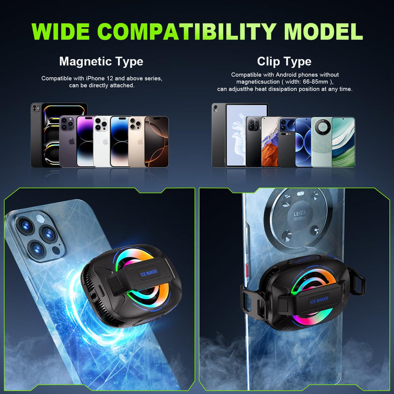 Cell Phone Cooler for Gaming, Magnetic Portable Radiator with RGB Lights, 3000mAh Rechargeable Battery, Compatible with iPhone, iPad, Android Black, Blue