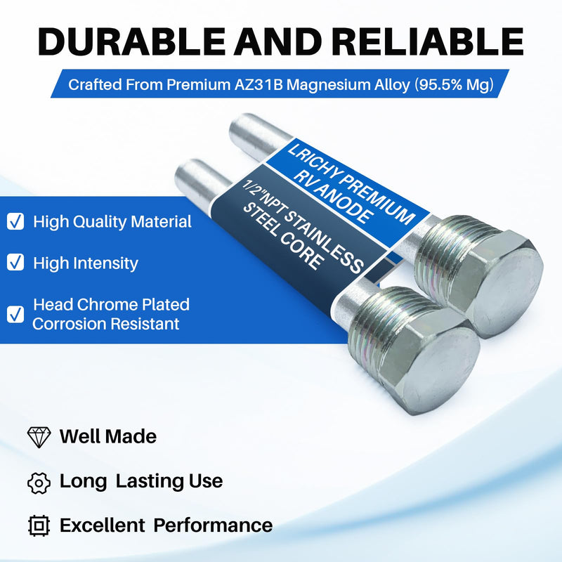 4.5" x 1/2" NPT RV Water Heater Anode Rod Replacement for Atwood 91857 Tank Drain Plug, 2 Pcs, Rust-Resistant Hex Head, Soften Hard Scale and Keep Heating Element Clean & Efficient 4.5" x 1/2" 2 Pcs