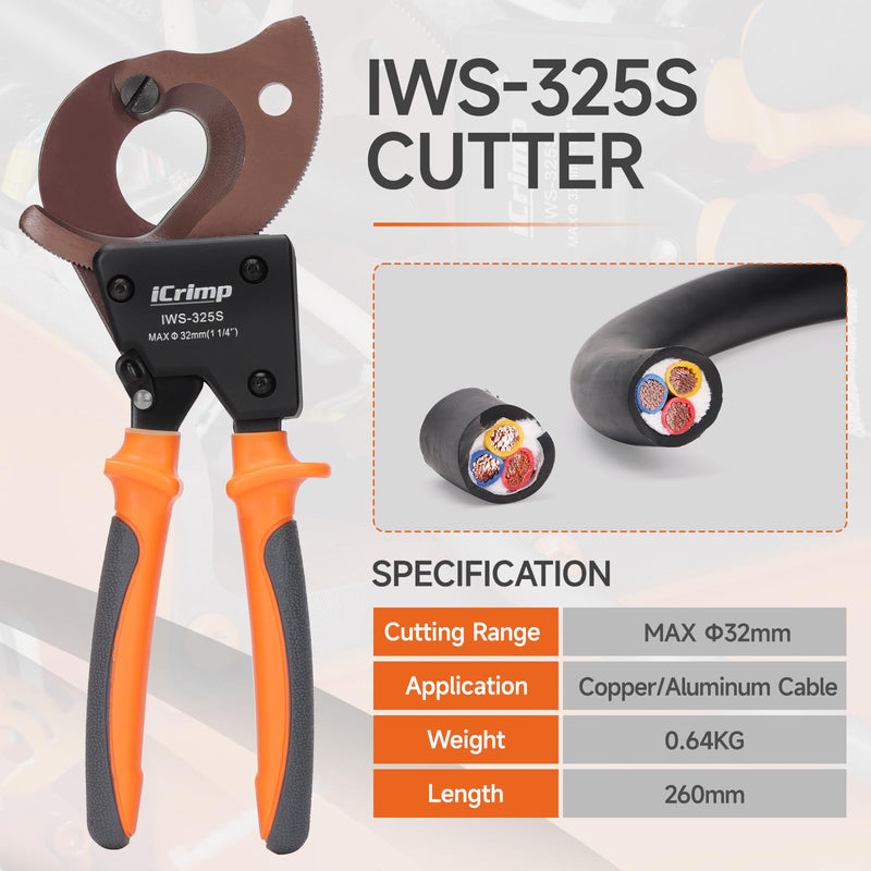 iCrimp IWS-325S Heavy-Duty Cable Cutter for Max 32mm Wire | Spring steel blade, cuts electrical aluminum copper and multi-core cables, labor-saving ratchet, safety lock