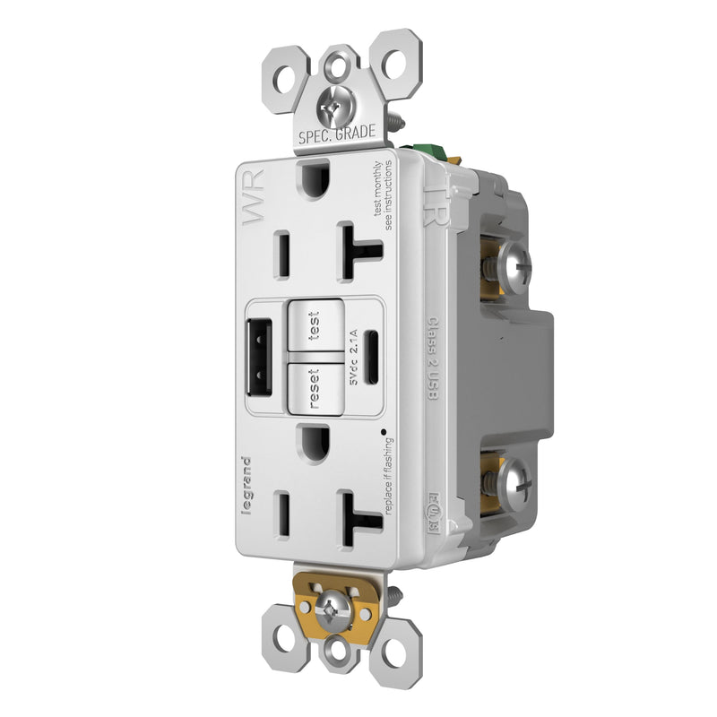 Legrand Pass & Seymour Radiant 20 Amp GFCI Weather-Resistant Wall Power Outlet with 2.0 Amp USB A/C Charger, White
