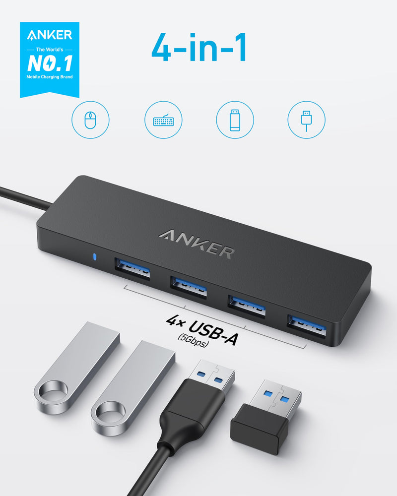 Anker 4-Port USB 3.0 Data Hub - 5Gbps Transfer Speed, 0.7ft Cable for MacBook, iMac, Surface, HDDs 0.7 ft USB-C