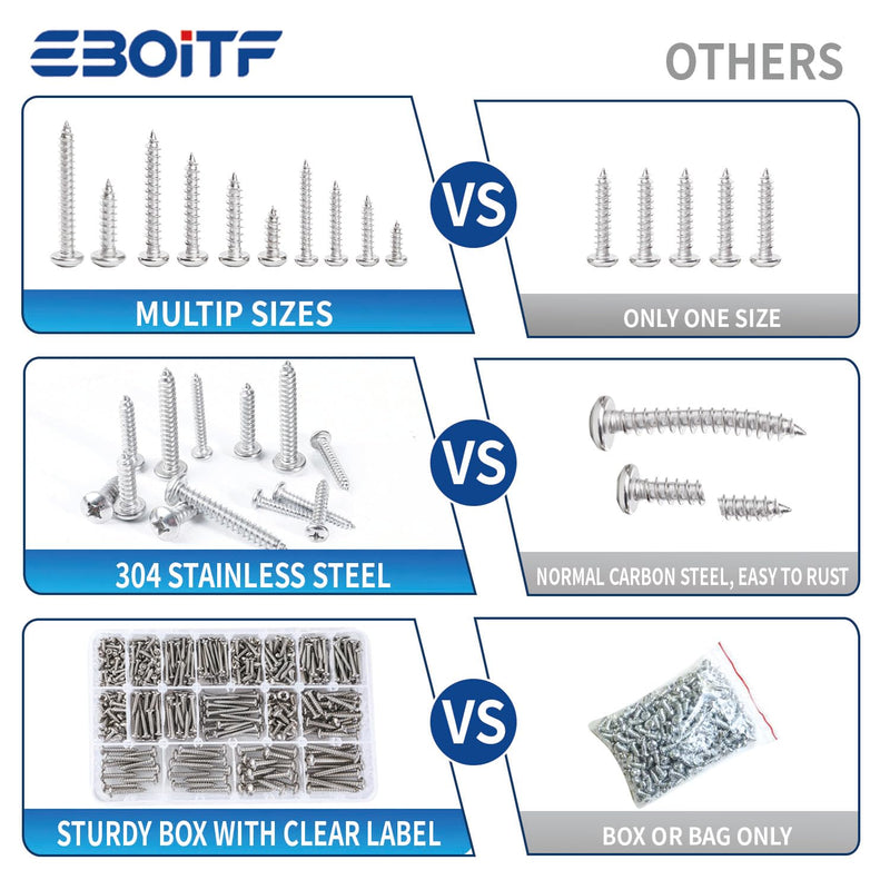 600 PCS 304 Stainless Steel Wood Screws Assortment Kit, Assorted Sheet Metal Screws #4/#6/#8/#10/#12 Phillips Pan Head Self-Tapping Screws Set, Assorted Wood Screws, Length 3/8" to 1-1/2" (Silver) Silver