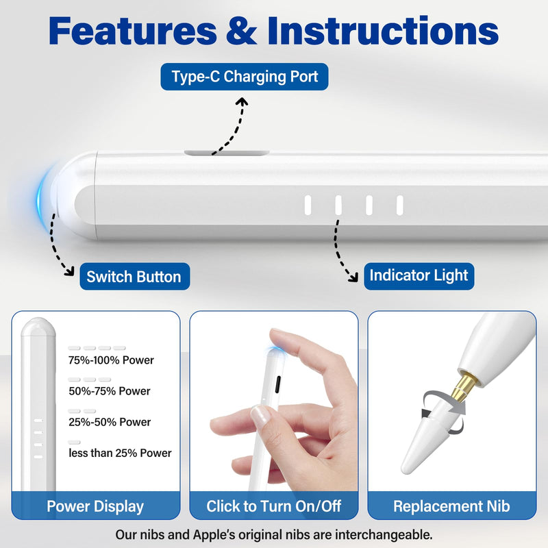 Pencil for Apple iPad 2018–2026 Fast Charge Palm Rejection, Magnetic Attachment, Tilt Sensitive Precision Stylus Pen for Apple iPad Pro 11"/12.9"/M4, Air 3/4/5/M2/M3/M4, mini 5/6/7 1 Pencil + 2 tips
