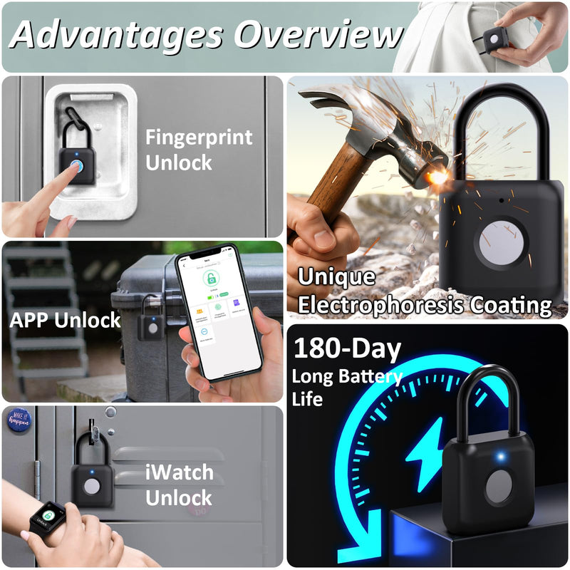 Pothunder Fingerprint Padlock, Smart Padlock, Locker Lock, Combination Lock, Fingerprint Lock with APP Unlock, USB Rechargeable, Suitable for Gym Locker, Door, Locker(Black) Black