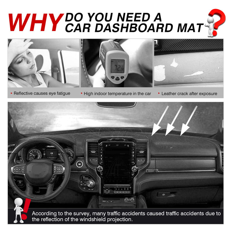 Autorder Dashboard Cover Mat for 2019-2026 Dodge Ram 1500 2500 3500 Accessories Dash Cover Flannel Dash Mat Sunshade Glare UV Rays Protector Black 2019-2026 Ram