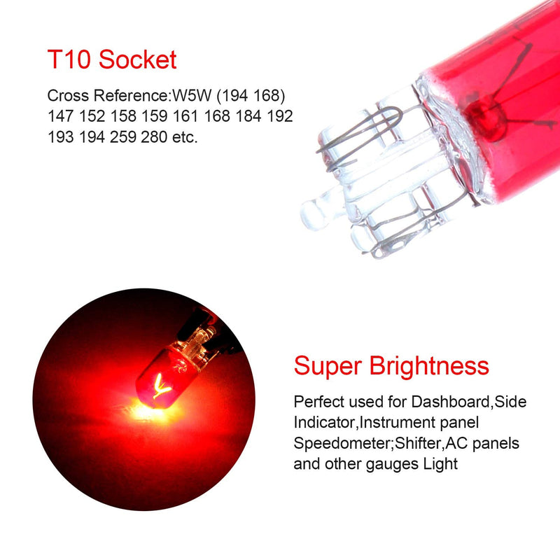 cciyu 10 pcs T10 W5W Red Halogen Light Bulb 168 194 Instrument Cluster Gauge Dash Lamp 12V