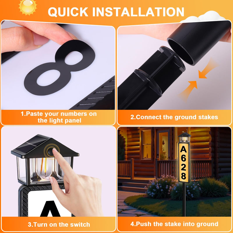 Solar Address Sign, Lighted House Numbers for Outside with Dual Solar Panels, 3 Color LED Illuminated Address Plaque Outdoor with Stake, Waterproof Solar Powered Address Numbers for House Yard Street Black