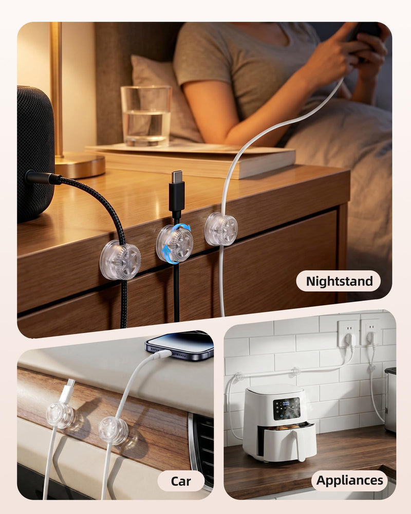 AGPTEK 8 Pack Magnetic Cable Clips, 360° Rotatable Cord Holder, Clear | Adhesive Desk Cord Organizer for Nightstand, Home Office Wire Management Wire Keeper for Phone Charger USB Charging Cables