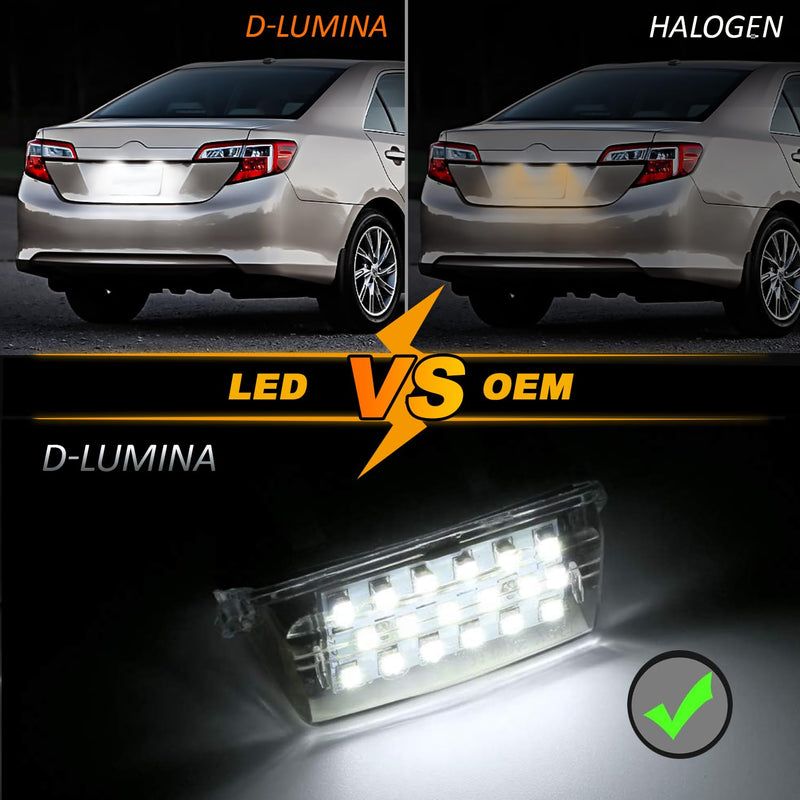 D-Lumina LED License Plate Light Tag Lamp Assembly for Toyo-ta Camry Highlander Avalon Prius C Yaris, Powered by 18-SMD Xenon White LED Tag Lights, Pack of 2 Toyota Camry/Highlander