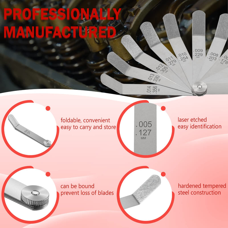A308 Offset Valve Tappet Gauge Set Premium 11-Blade Feeler Gauge Kit Sizes from 0.004" to 0.014" Includes Two Red Handles