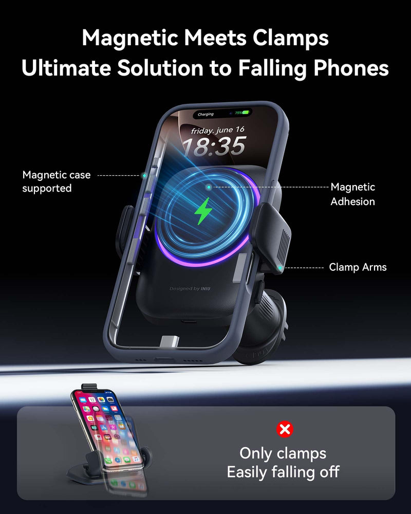 INIU Qi2 Certified 15W Car Phone Holder Wireless Charger, Ultra-Stable 22N for MagSafe Car Mount Charger with Cooling Fins & RGB Lighting Only for iPhone 16/15/14/13/12 Series, Pink