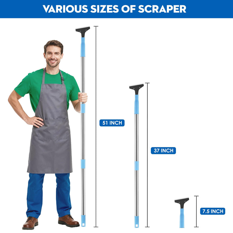 Silver Floor Scraper with 10 Replacement Blades - 4" Razor Blade, Stainless Steel Adjustable Long Handle (37" to 51"), Heavy-Duty Scraper Tool for Cleaning Stove Tops, Glass, Tiles, Walls & Labels