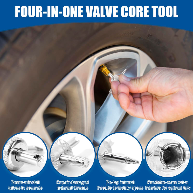 30Pcs Tire Valve Stem Tools, with 3Pcs Tire Valve Stem Removal Tool & 27 Zn Alloy Cores, Multifunction 4in1 Dual Single Head Valve Core Remover Installer Adapters