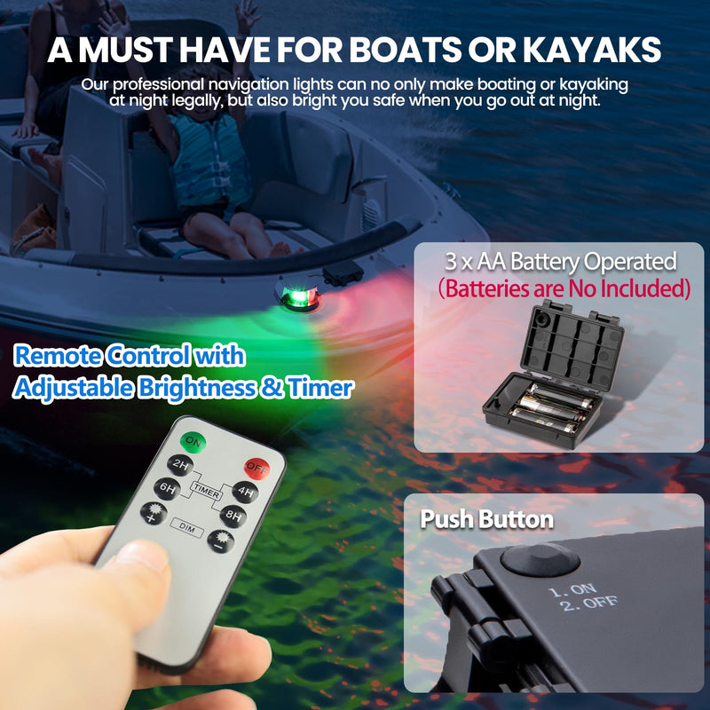 Battery Powered Navigation Light for Boat, Remote Control LED Marine Light with Dimmable & Timer Function, Waterproof Safety Light for Kayak Canoe Jon Bass Boat Integrated Red/Green Light