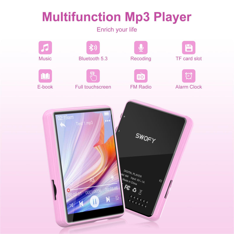 MP3 Player Bluetooth 5.3, SWOFY 64GB Mp3 Music Player with Touch Screen, Portable Digital Audio Player with HD Speaker FM Radio, Recording Support up 128GB Pink