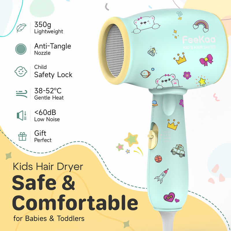 Feekaa Kids Hair Dryer, Baby Hair Dryer, 3 Safe Temperature for Children Hairdryers, Quiet kids Hairdryer, Small Lightweight Blow Dryer, 550W Hairdryer kids with Sticker Gift for Boy,Girl,Baby,Toddler Green
