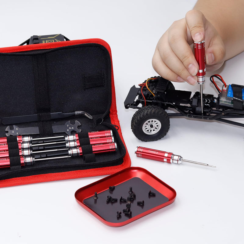 12Pcs Short Handle RC Tool Kit w/Quick Change Hex/Phillips/Flat Nut Drivers & Pliers for 1/18 1/24 Micro Crawler - SCX24, TRX4M, Axial, Traxxas, Losi Mini-T 2.0, FMS (Red) Red