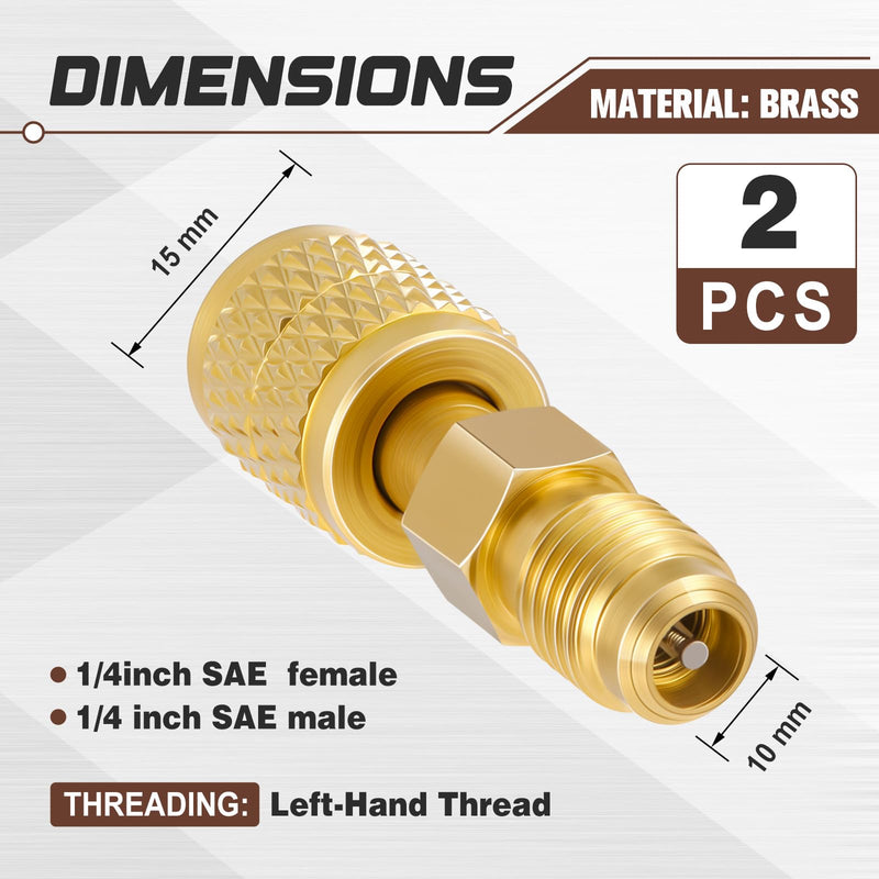 2 Pcs R32 R454B Refrigerant Brass Adapter 1/4" Female to 1/4" Male Reverse Thread Adapter Heavy Duty HVAC Quick Connect Fittings Low Loss for R32 R454B Refrigerant Tanks Mini Split Systems 2
