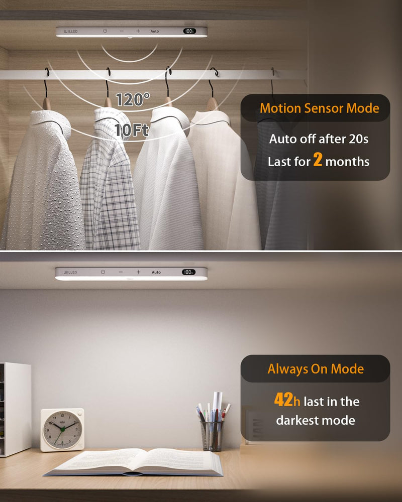 WILLED Motion Sensor Light Indoor, Battery Display, 60 LED Touch Light Bar, Under Cabinet Lights Rechargeable, Battery Operated Closet Light Wireless, Stick on Under Counter Lights for Kitchen(4 Pack) Cool White 6000K 4 Pack