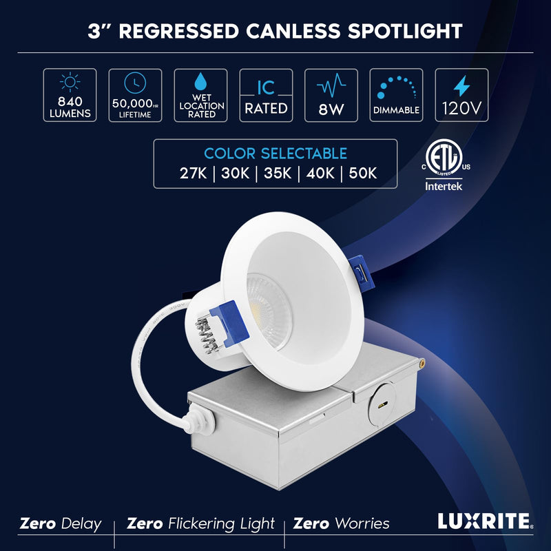 LUXRITE 3 Inch LED Recessed Ceiling Light with J-Box, CRI90, 8W, 5CCT Selectable 2700K/3000K/3500K/4000K/5000K, 840 Lumens, Dimmable Canless Downlight, Wet Rated, IC Rated, ETL Listed 1 Count (Pack of 1)