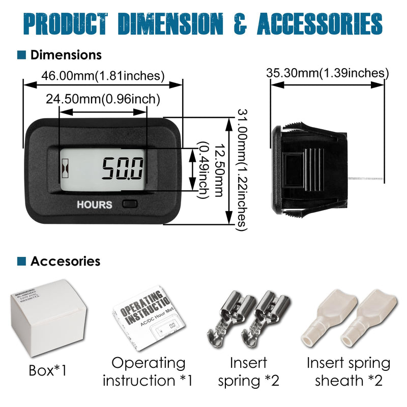 Runleader Digital LCD Hour Meter,AC/DC 5V to 277V for Lawn Mower Generator Motorcycle Golf Cart Forklift Scrubber Machine etc.