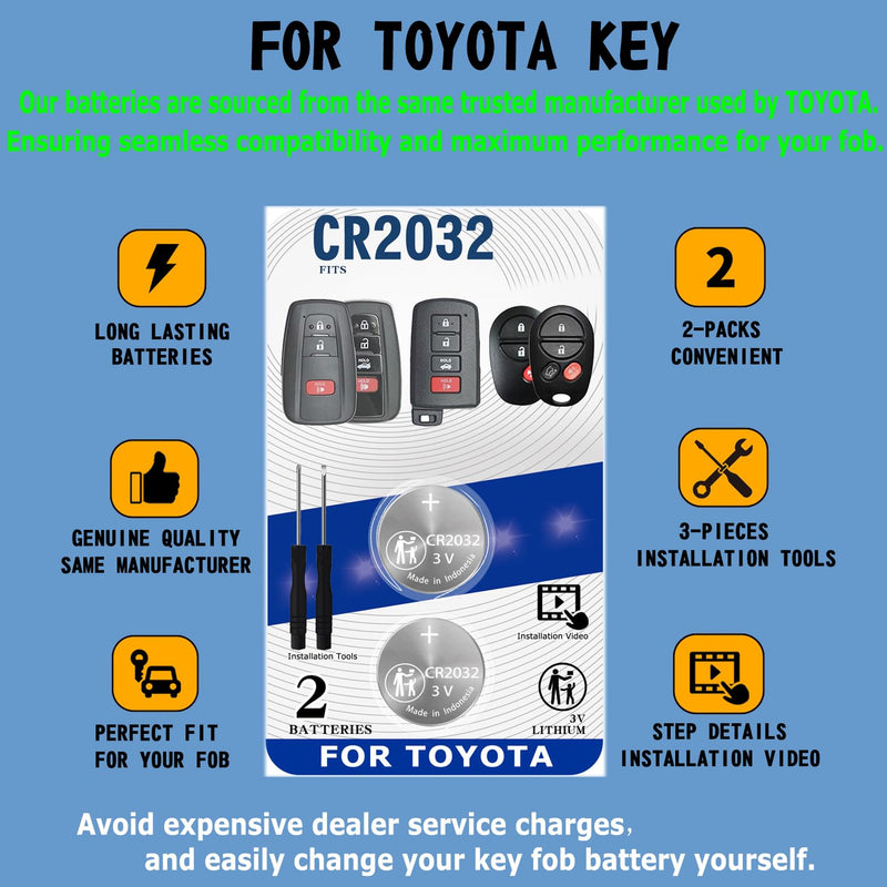 Key Fob Replacement Batteries for Toyota RAV4 Camry Corolla Highlander Prius Sienna Tacoma Tundra 4Runner Avalon CHR Sequioa Supra GR86 (Check Fitment Guide) Smart Remote CR2032 Battery
