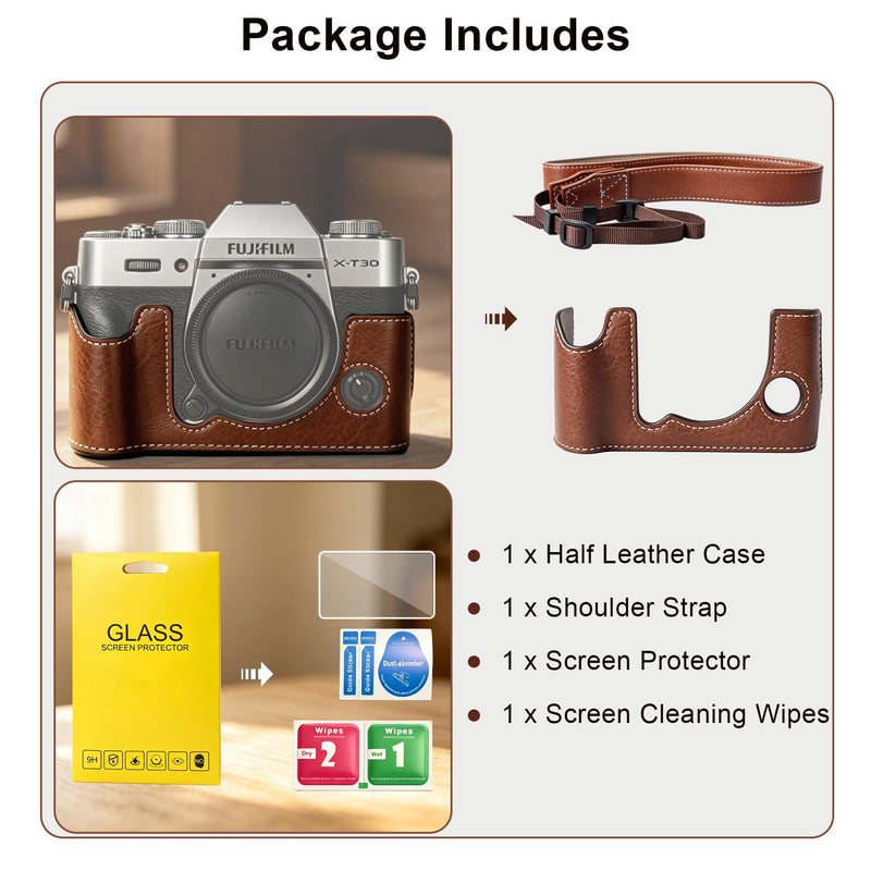 Carrying Case for FUJIFILM X-T30 III/X-T30 II/X-T30 Mirrorless Camera | Fujifilm X-T30 III/ X-T30 II Camera Half Leather Bag, Retro Style Camera Case (with Shoulder Strap, Screen Protector), Brown