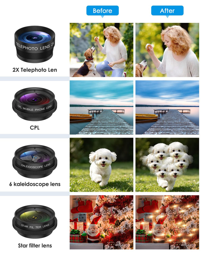 7 in 1 Clip On Phone Camera Lens Kit, 0.63X Wide Angle,15X Macro,2X Telephoto,198°Fisheye,CPL,Starburst, Kaleidoscope Universal Smartphone Lens for iPhone Samsung Google Pixel