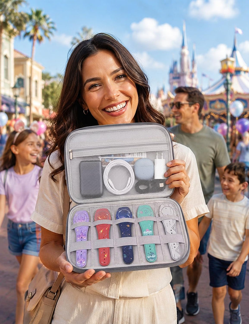 MagicBand 1 2 Plus Travel Case 5 Slot Reinforced Magic Band Organizer Gray | Exterior Zippered Mesh Pocket Charger Storage Small Accessories Cable Management Portable Carrying Easy Access Vacation Gear
