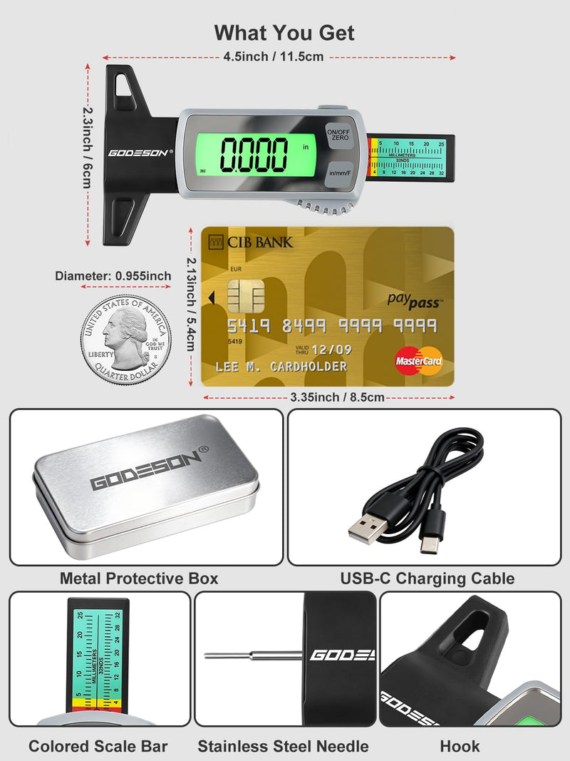 GODESON Tire Tread Depth Gauge,Rechargeable Digital Tire Depth Gauge - USB-C,3-Unit Switch (mm/Decimal/Fraction Inch), Backlit LCD Display, Auto Power Off, 0-32NDS for Car/SUV/Truck Wear Measurement