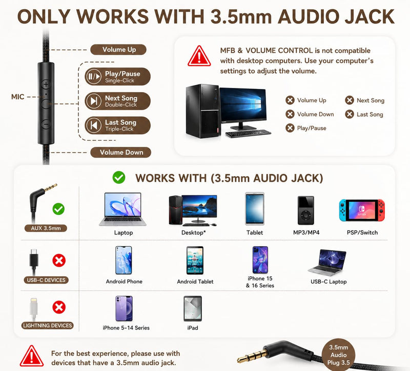 Wired Headphones with Mic, Over-Ear 3.5mm Corded Headphone for School Black | Foldable Plug in Headphones for Teens Classroom Travel, 4.9ft Tangle-Free Cord with Volume Control for Phone Tablet Laptop