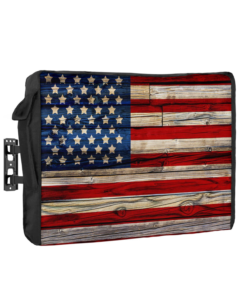 American Flag Outdoor TV Cover 30 to 32 Inches Weatherproof & Waterproof, Red Striped Blue Star Outdoor TV Enclosure with Remote Control Pocket, Vintage Wooden TV Screen Protectors for Outside TV 30"-32" Vintage American Flag