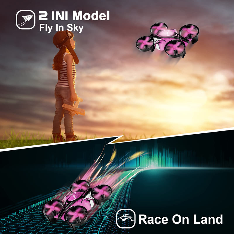 2 In 1 Mini Drones for Kids Remote Control Drone with Land Mode or Fly Mode, LED Lights,Auto Hovering, 3D Flip,Headless Mode and 2 Batteries,Toys Gifts for Boys Girls (Harbor Pink) Harbor Pink