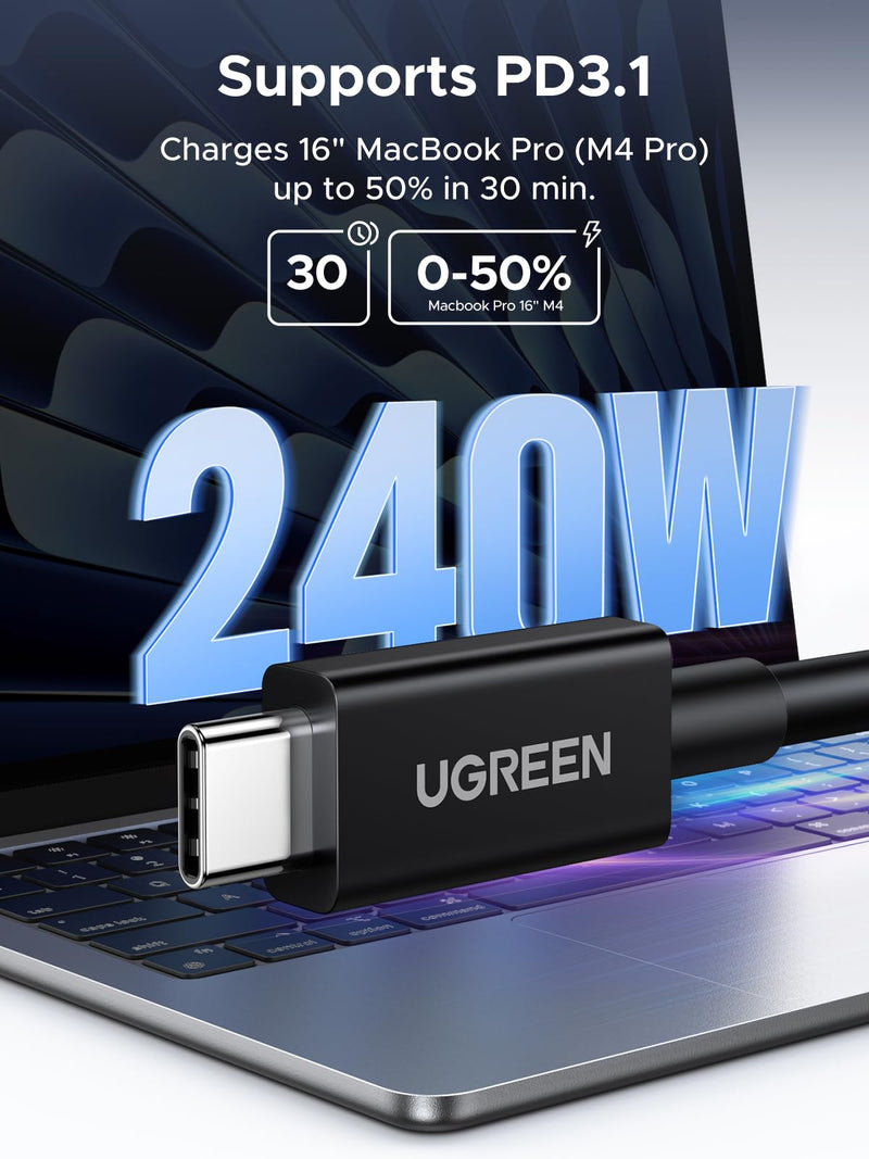 UGREEN Thunderbolt5 [Intel Certified] USB-C to USB-C Cable, USB4 80Gbps bidirectional, 16K@60Hz/3x4K@144Hz Video, PD3.1 240W, Compatible Thunderbolt 4/3, for MacBook Pro/iPad/iPhone/hubs/SSD, 3.3FT