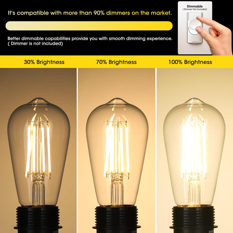 Gozelux Vintage LED Edison Bulbs 6W, Equivalent 60W Incandescent, Warm White 2700K, ST58 Antique LED Filament Bulbs with 90+ CRI, E26 Medium Base,Dimmable, Clear Glass, Pack of 6 6 Count (Pack of 1)