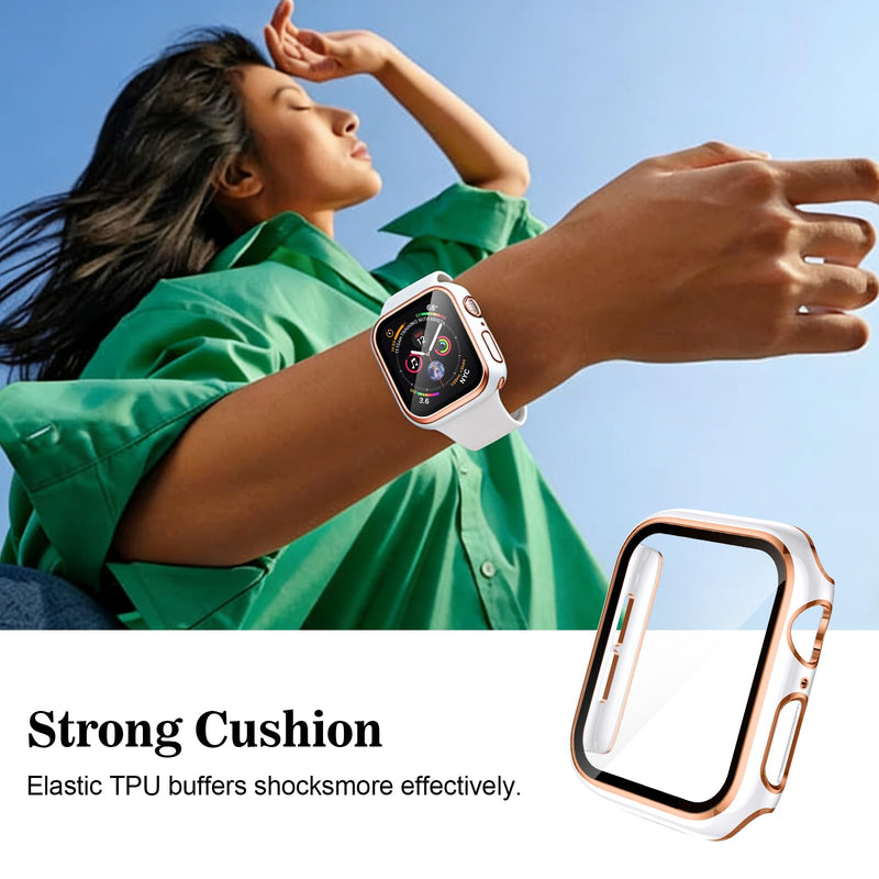 Tempered Glass Screen Protector for Apple Watch case Series SE 11 10 9 8 7 6 5 4 40mm 44mm 41mm 45mm 49mm 42mm 46mm Waterproof Cover PC Protective Bumper for iwatch. (41mm,Black/Gold) Black/Gold