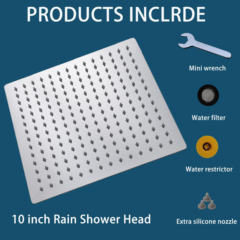 Rain Shower head, High Flow Stainless Steel Square Rainfall ShowerHead, Waterfall Bath Shower Body Covering, Ceiling or Wall Mount (10" Chrome Finish) 10 Inch