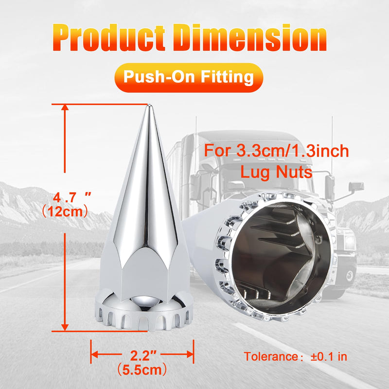33mm x 4-3/4" Chromed Spike Lug Nuts Covers Push-On, ABS Chrome Plastic Caps Pointed Push-On Lug Nut Cover for Semi Trucks, 20 PCS 4-3/4" Silver-20